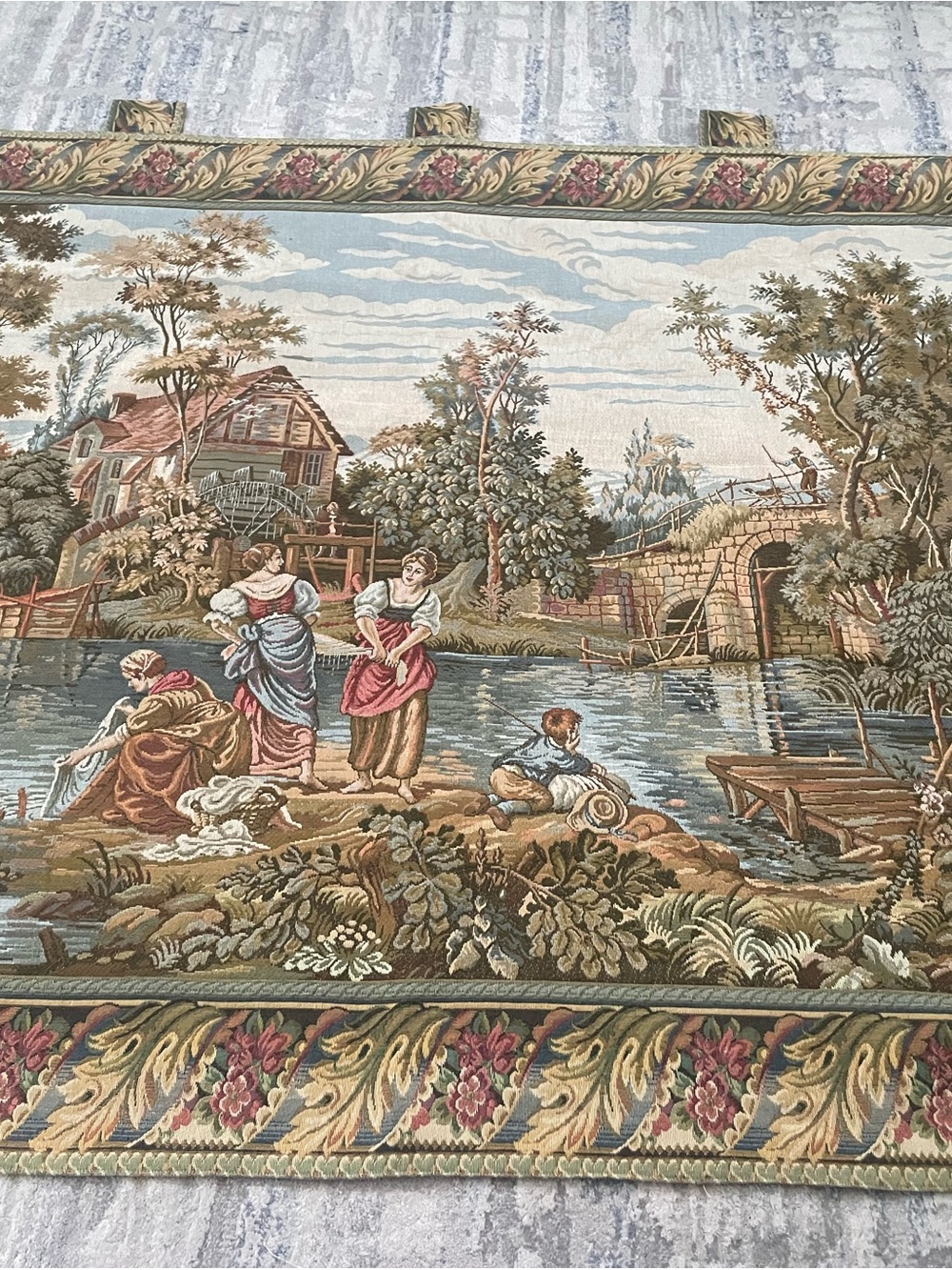 Vintage Beautiful French Aubusson Style Pictorial Figurative Tapestry Wall Hang